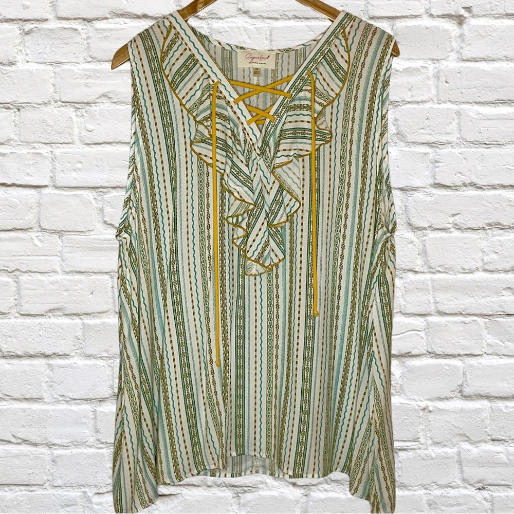 SugarFox Green and White Ruffled Blouse NWOT